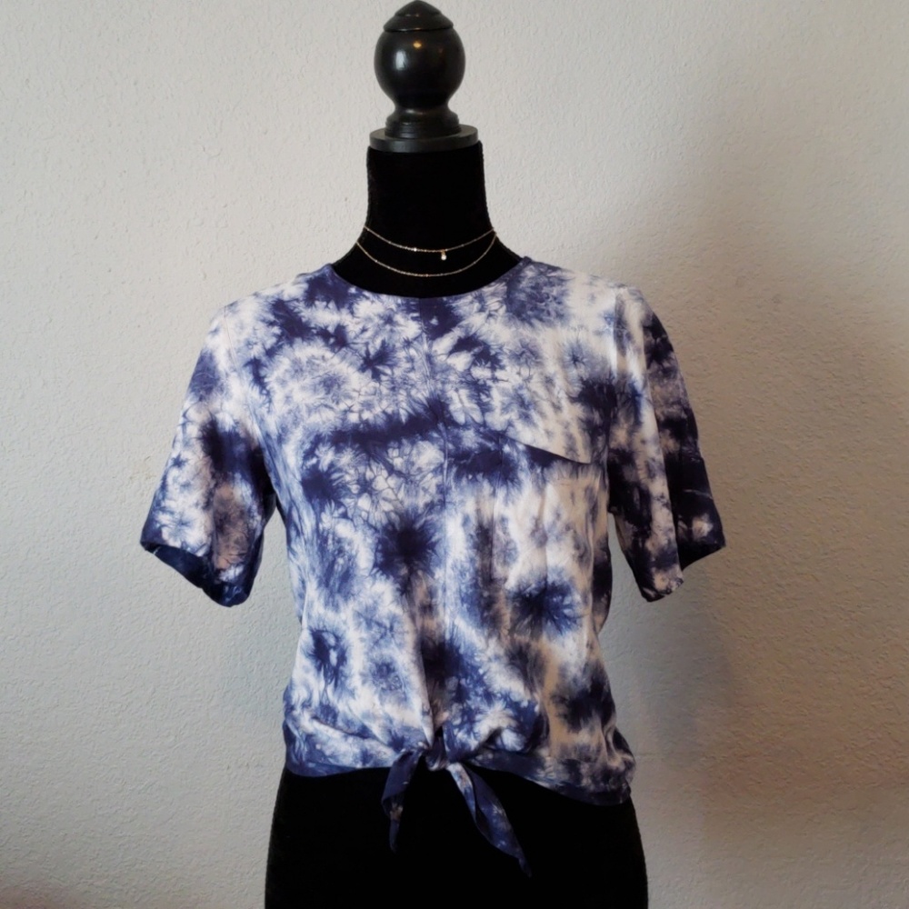 Navy Blue and White Tie-Dye Blouse with Waist Tie